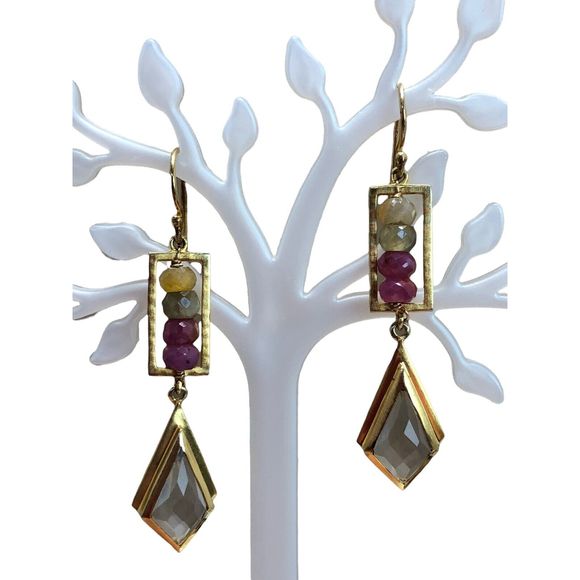 SATYA Sterling Silver Vermeil Gold Tone Agate Dangle Drop Hook Pierced Earrings - Picture 1 of 11